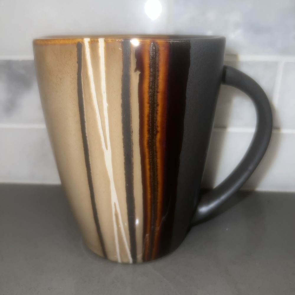Bazaar Tan Brown Striped Coffee Mug Tea Cup Better Homes & Gardens 16oz EUC